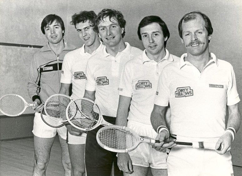 1984: The Dirty Yellows team which is currently second in Division 1 of Grampian Squash League. Left to right - Kenneth MacMillan, Alan Nicol, Ian Donald, Derek Kemp, Alan Irvine (capt.).