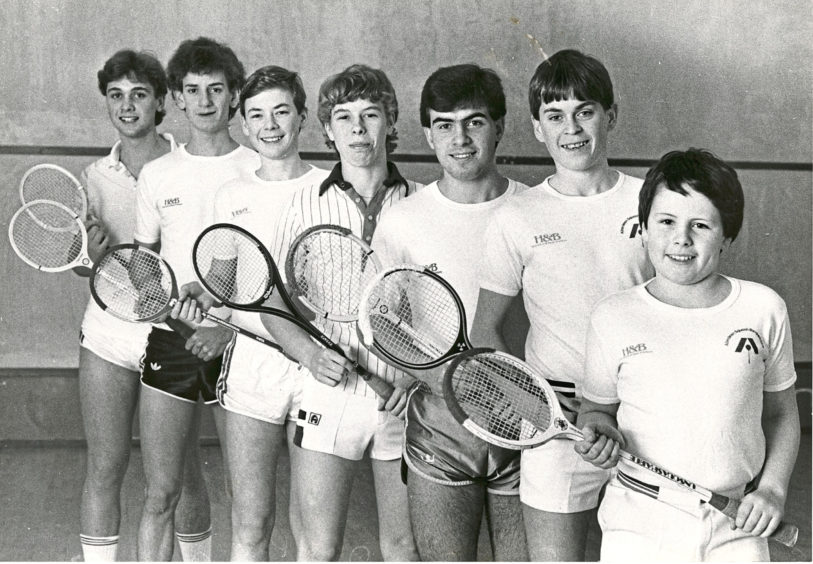 1984: ASRC Junior squash team. Left to right - Philip Reid, Alan Sangster, Richard Irvine, Derek Stroud, John Ireland, David Irvine, Scott Wilson.