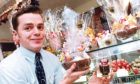 1992 - Foreign Eggs: Mike Wood with just some of the chocolate Easter Eggs for sale at West End Chocolates, Thistle Street, Aberdeen.