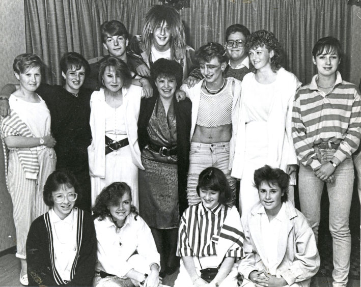 1987: Night out time for 17 year old Lucia McOmish (middle, third left) and 18 year old Frances Moore (fourth left) pictured with students and friends at a party in the Palm Court Hotel, Aberdeen, to mark their leaving after two years YTS as riding instructors at the city's Hayfield Riding School.