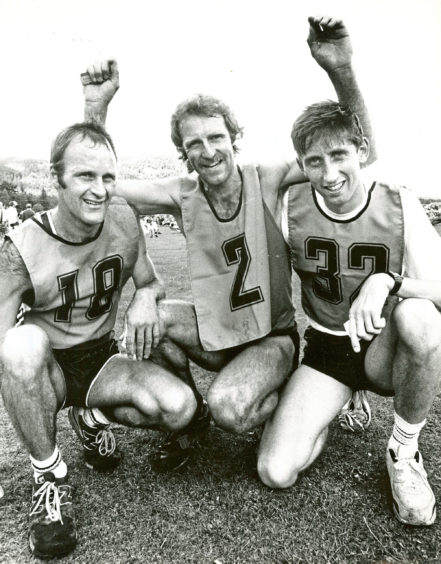 1990 - Ballater Highland Games hill race winner Steve Carr, centre, from Kendal, pictured with runner-up Clive Bell, left, Forfar, and third placed Iain Archibald, Edinburgh