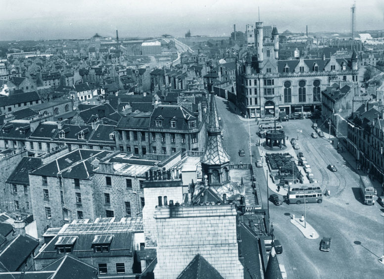 1962: A view from Aberdeen  Town House looking east with the Beach Ballroom, shelter and baths visible on the horizon and before the multi-storey blocks were built at the rear of the Salvation Army Citadel.