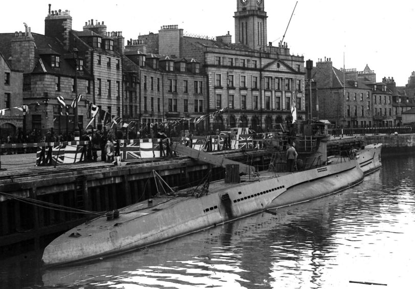 Captured German U-Boat U776 docked in Aberdeen Harbour as part of UK tour, August 1943
