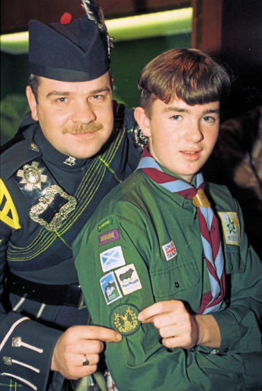 1994: Greg Nairn, 1st Kintore Scout Group with L/Cpl Kevin Douglas on a visit to the Gordon Highlanders Regimental HQ in Aberdeen
