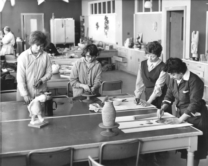 1966: Students modellers at work in a corner of the spacious art room at the Aberdeen College of Education.
