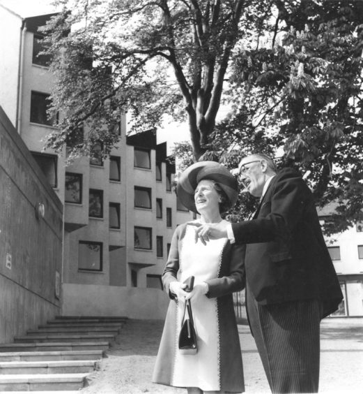 1970:  Principal James Scotland, Aberdeen College of Education, points out a feature of the new halls of residence built at Queen's Road, Aberdeen,