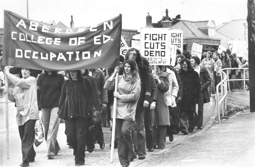 1976: Aberdeen College of Education students marching to a rally at Grampian Regional Council's Woodhill House in support of the College of Education sit-in.