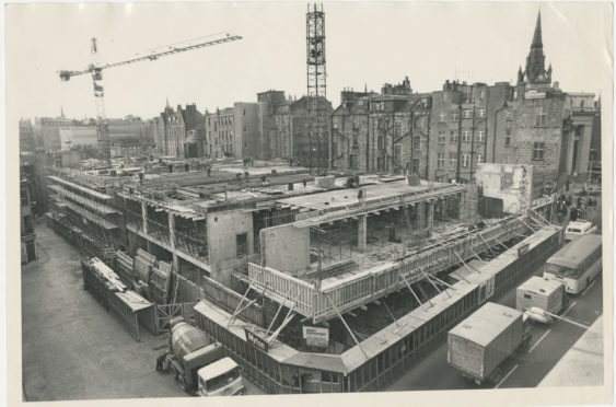 The Aberdeen New Market development at juntion of Market Street and Hadden Street showing constuction well under way.  The rear of the Union Street tenements can be seen. 9 February 1973.