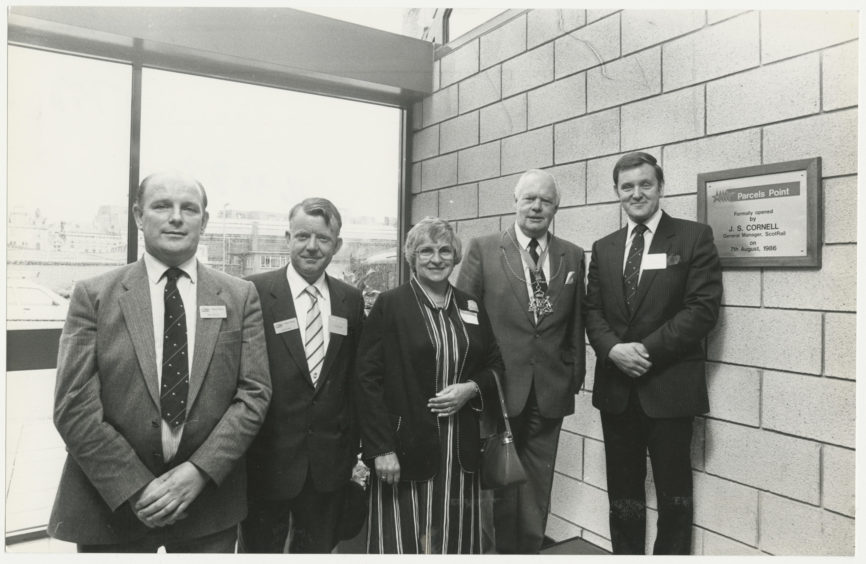 1986: Pictured at the official opening of the new £350,000 Red Star parcels point at Aberdeen railway Station are Bob Buick (British rail regional parcels area manager), John Gough (BR area manager), Lady Provost Margaret Rae, Lord Provost Henry Rae; Jim Cornell (BR general manager) who performed the opening ceremony.
