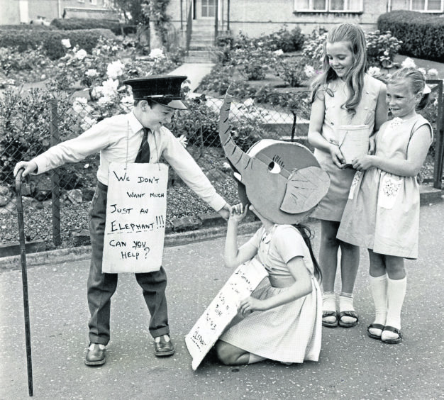 Four Aberdeen children had a novel idea which raised £20 for the Aberdeen fund to get an elephant for the zoo in 1969. The children from Auchinyell Road had the idea when their jumble sale only raised £2. So they decided to dress up and raise more money from their neighbours. The children are Morag, Fiona and Graham Fyfe and Fiona Ross.