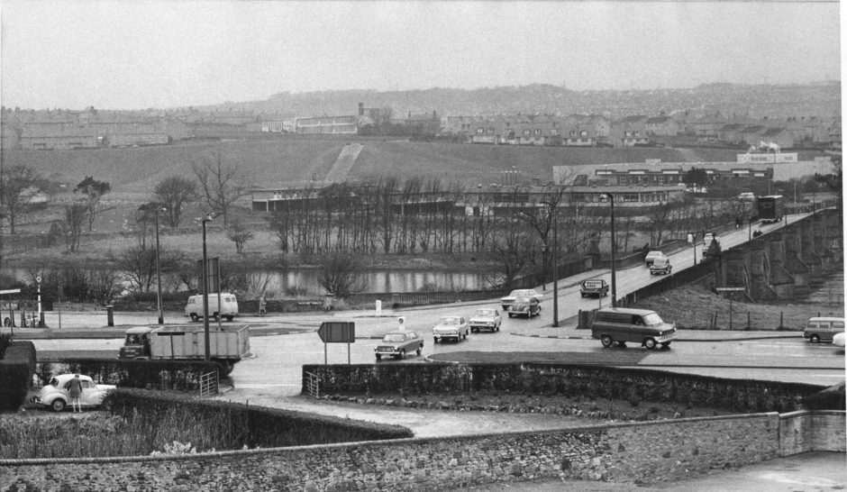 1971: The junction on the dual carriageway at Bridge of Dee which will soon be controlled by a traffic light system. At present cars queue-up across the bridge waiting an opportunity to turn onto the carriageway.