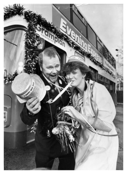 1981: : The Evening Express Hogmanay Bus is launched by Grampian Transport’s Jim MacDonald and Wendy Sutherland.