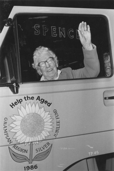 1986: On a late night shopping spree, Mrs Mary Littlejohn (92), a resident of Hanover Street sheltered housing complex, Inverurie, arrives at Marks & Spencer, on the Llanbryde Thursday Club mini bus.