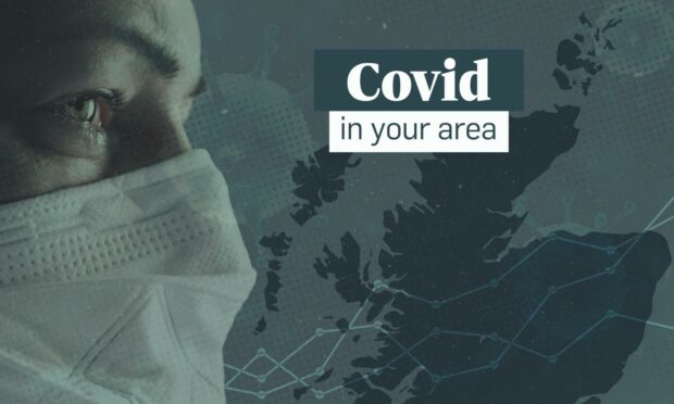 A person wearing a mask with the text Covid in your area over a map of Scotland, including Aberdeen, Aberdeenshire, Moray and Highlands