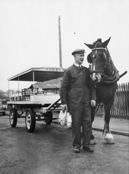 1972: Mr Alexander Grant, who has been a milk roundsman for 30 years, with "Duke" - the two are a popular "team" at Forres as they deliver for Forsyths.