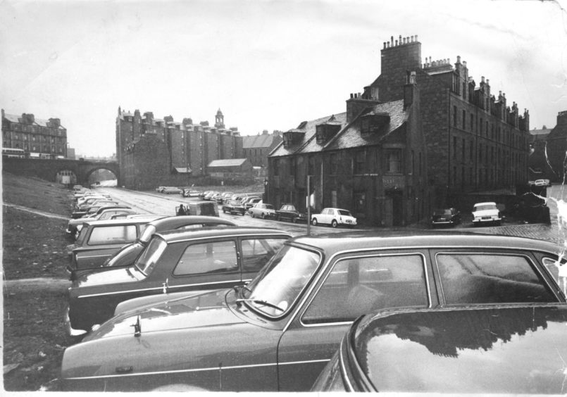 1970: The Upper Denburn in 1970 before the massive redevelopment of the area. The Spa Bar, a popular old pub is in the centre of the picture.