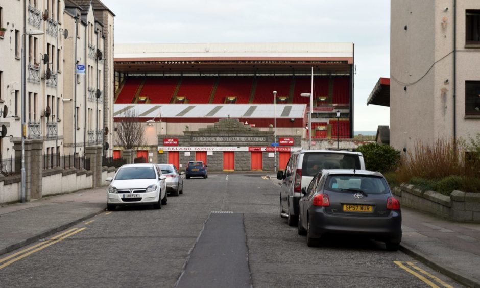 Pictured is a locator of Pittodrie Stadium and the grantite Merkland Road entrance. Viewing from Merkland Road.