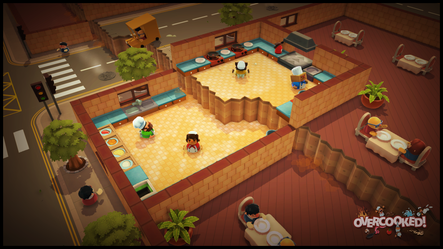 A screenshot of one of the many levels in Overcooked.