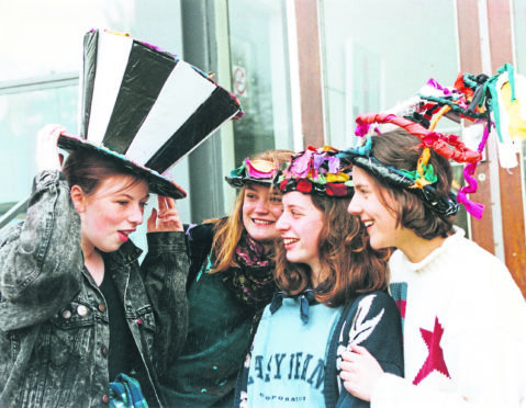 Youngsters who attended art and design classes at Gray’s School of Art created some very unusual hats for a new exhibition, which are modelled by, from left, Emma Luck, Pauline Skidmore, Florence Coupaud and Carmel Roe