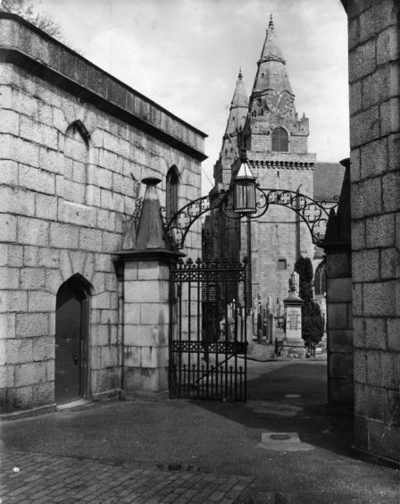 Looking through entrance of St Machar Cathedral towards the famous twin spires.