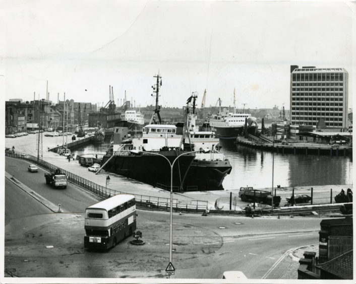 1977: A view of ships in Aberdeen Harbour.
