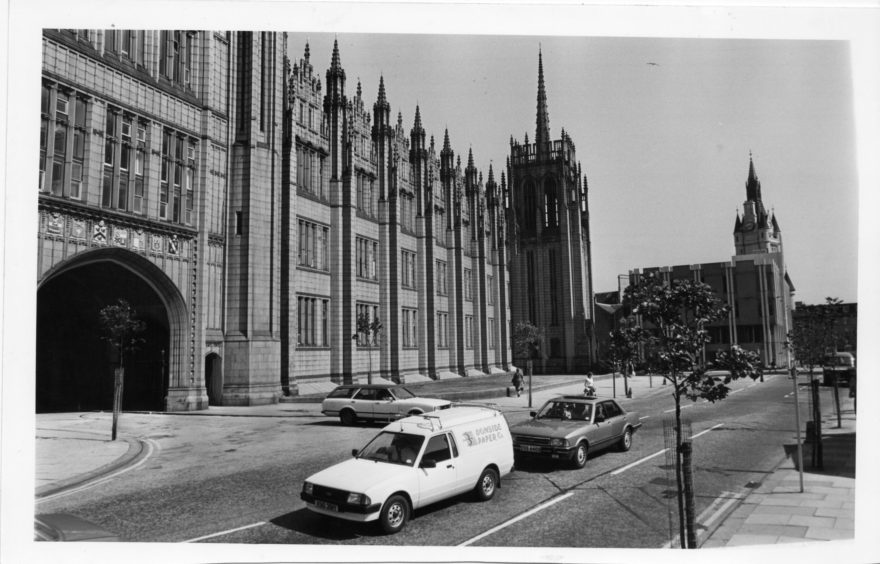 1980s: Picture of Marischal College, Greyfriars Church on Broad Street, Aberdeen. Aberdeen Town House far right.