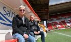 Eddie McCluskey, left, who is visiting every Scottish football ground for an Alzheimer's charity, met up with former Aberdeen defender Willie Garner at Pittodrie.