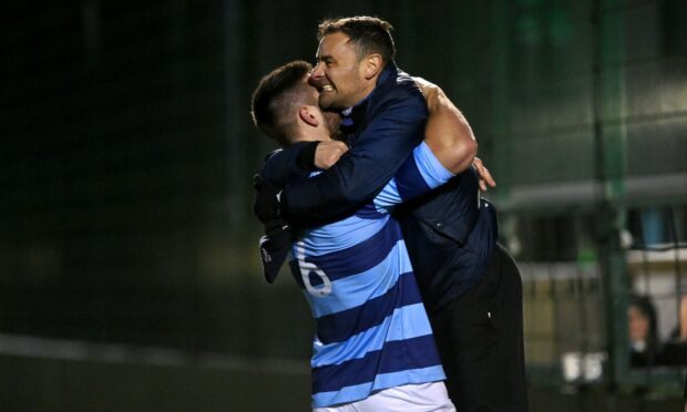 Manager Jamie Watt celebrates at the end of the Scottish Cup third round win over East Fife. Picture by Kath Flannery