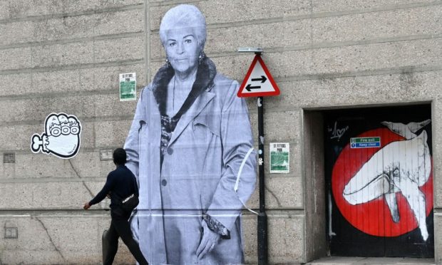 The 15ft Pat Butcher portrait that has appeared on Hadden Street in Aberdeen. Picture by Kath Flannery