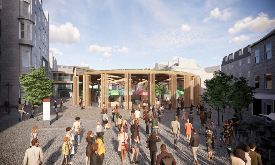 A concept image of the council's planned new market, viewed from The Green.