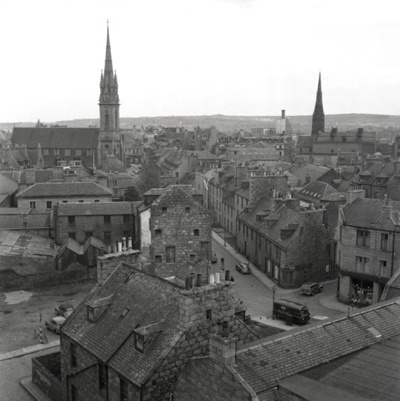 A view of the east end of Union Street, with Castlegate, the Mercat Cross, the Salvation Army Citadel and the sea