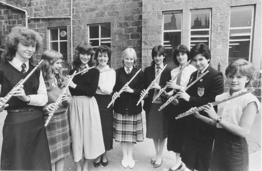 1985: Competitors in the Flute 18 and under at the Aberdeen Music Festival yesterday. Left to right - Sara Reith, Skene; Olga Melbin, Banchory; Katie O'Neill, Milltimber; Kate Samphier, Inverurie, Helen Bygrave, Inverurie; Paula Petrie, Aberdeen; Pamela Jenkins, Cove; Diane Milne, Cove; and Linda Gray, Auchterless.