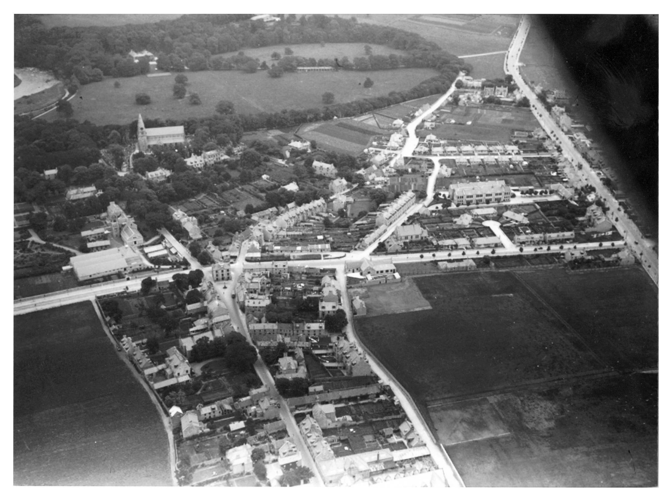 1930s: An aerial picture showing Old Aberdeen, Seaton Park and St Machar's Cathedral.