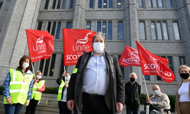 Union members picketing outside Marischal College in Broad Street, Aberdeen, last month.