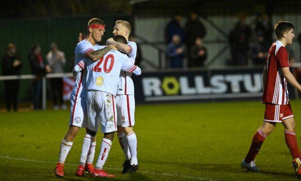 Brechin City celebrate their fourth goal, scored by Julian Wade. Picture by Paul Glendell.