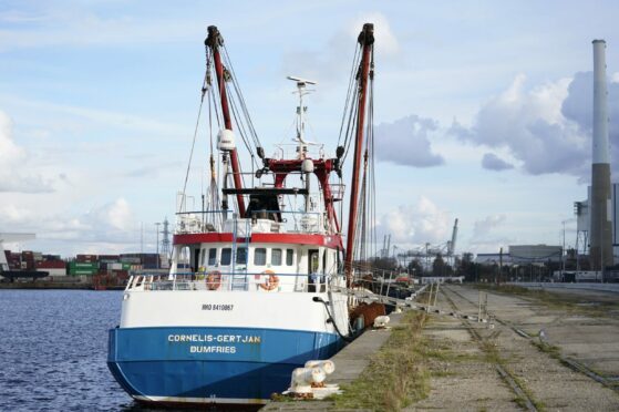 General view of the Scottish-registered scallop dredger, the Cornelis Gert Jan, which is being held in Le Havre, following a dispute between the UK and France over the number of licences issued to French fishing vessels by the UK.