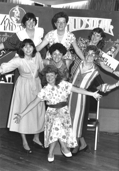 1990: Some of the cast ready to start the Pro Arte cabaret. Back (left to right): Gill Johnston, Alice Gall and Maureen Buchan. Middle: Tricia Miller, Gaynor ONeill and Betty Davie. At the front is Hilary Esson.