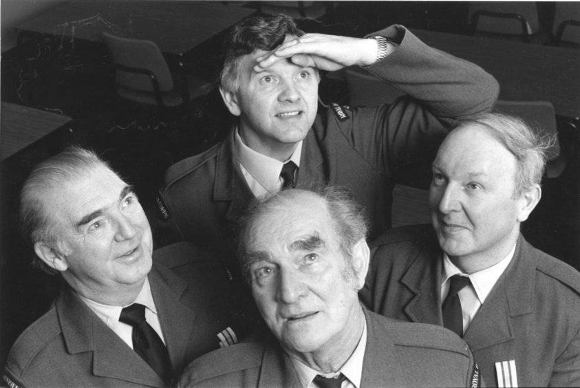 1989 - Long service awards were given to, from left, Gordon Mackie, John Cooper, John Hogg and Dick Milne