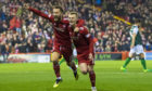 Aberdeen's Gary Mackay-Steven, right, celebrates his goal against Hibs with team-mate Stevie May.