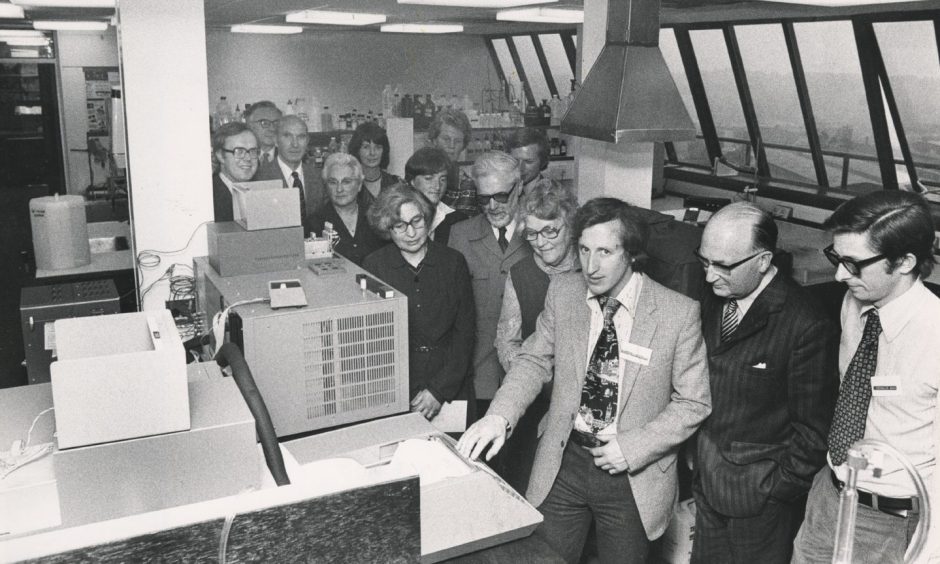 Shell 1980-06-06 Chemistry Laboratory (C)AJL

6 June 1980

"The completion of the Shell UK Exploration and Production's new production chemistry laboratory at their Northern Operations' HQ in Aberdeen was appropriately marked by a visit from members of the Aberdeen sections of the Society of Chemical Industry and the Royal Society of Chemistry. The image shows laboratory technician Mr Douglas Clark (third right) showing guests around."

Used: P&J 11/06/1980