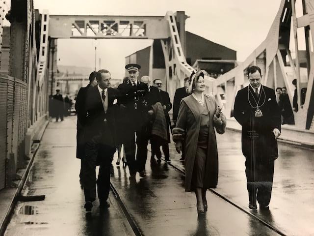 The Queen Mother inspecting St Clements Bridge during it's opening, 30th September 1953