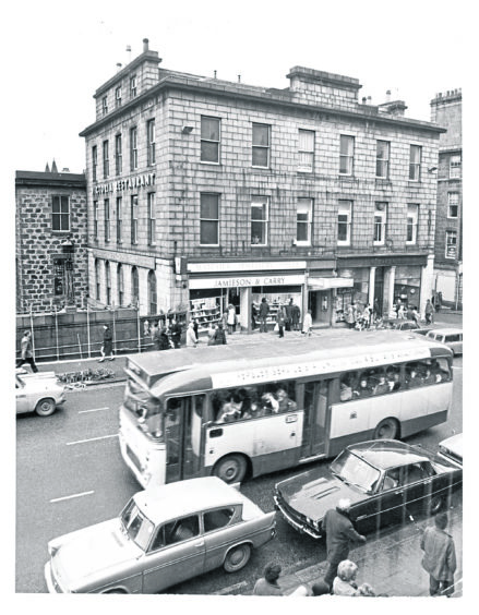 A view of Union Street, Aberdeen, looking towards the Victoria Restaurant, Jamieson & Carry and J. W. Baker Ltd, taken in 1974