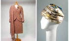 Tweed stalking costume, made by Christie & Gregor, 1950s, left, and Printed silk turban hat, designed by Hermes, 1940s-1950s