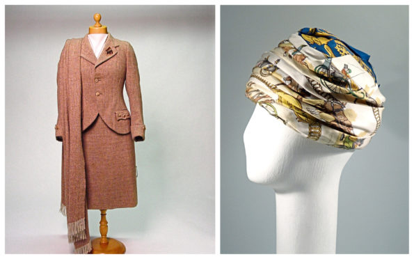 Tweed stalking costume, made by Christie & Gregor, 1950s, left, and Printed silk turban hat, designed by Hermes, 1940s-1950s