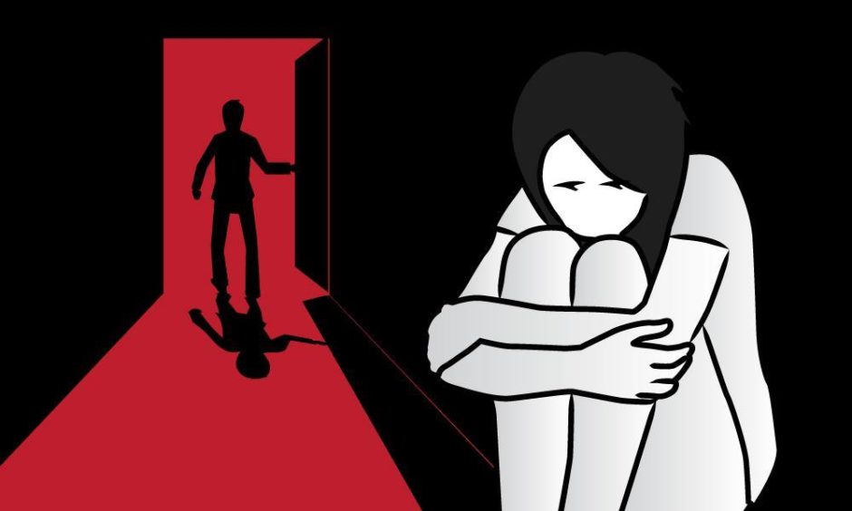 Drawing of an Image of a women in darkness with someone walking through a door