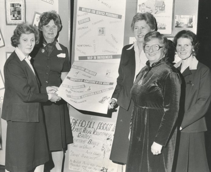 1982: Reading all about it on some of the locally made posters for the WRVS are (left to right) national chairwoman Mrs Barbara Shenfield, London; Mrs Muriel Scanlan, Grampian regional organiser; Scottish chairwoman the Hon. Mrs Mary Corsar; deputy Grampian regional organiser Mrs Joan Raffan; and Baillie Mrs Margaret Farquhar, who represented the Lord Provost.
