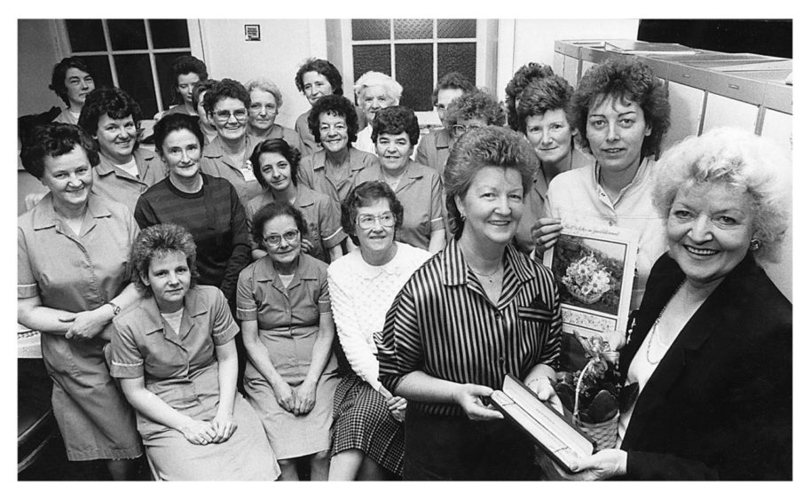 1989: Domestic assistant Flo Davidson, right, of Stockethill was presented with a gold necklace and a flower basket by assistant domestic manager Marion Smedhurst on behalf of her colleagues at Medical 11 Department at Woolmanhill Hospital. She had completed 30 years' service with Grampian Health Board