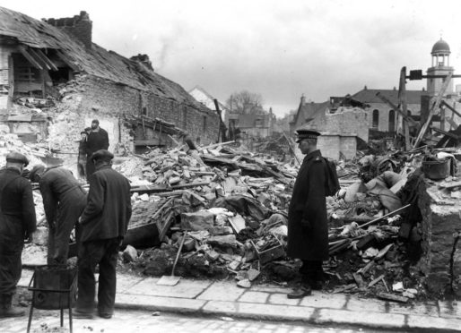 Bomb damage near Causewayend Church during the Aberdeen Blitz in 1943.