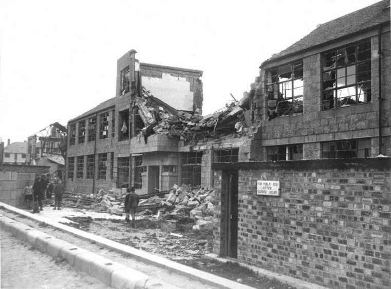 Bomb damage at Middlefield School, Aberdeen.