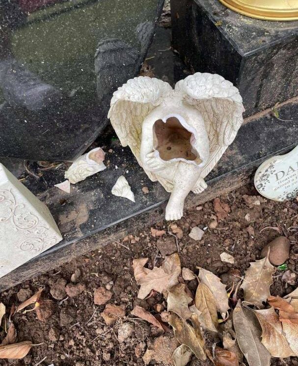 An ornament of an angel from the family was left smashed at the graveside.